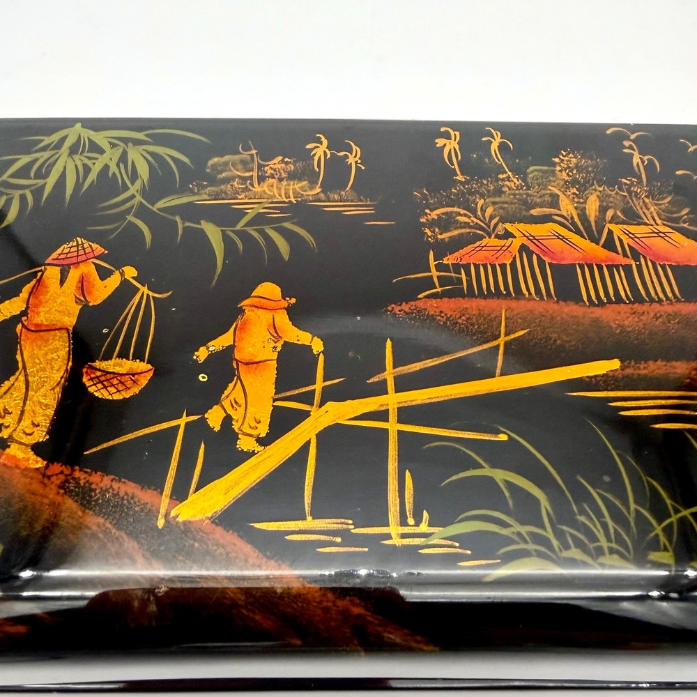 Vintage Asian Black Lacquer Jewelry Box Hand Painted Red Velvet Mirror 7.5" - Picture 13 of 13